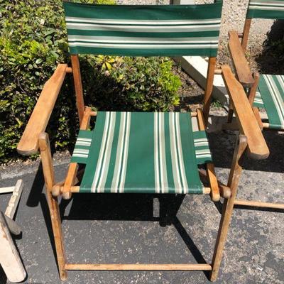 Antique Vintage Green Striped fabric and wood folding Beach Chairs