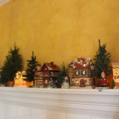 C-3 Lot of Christmas-6 Building Houses  -Trees-Coffee Shop-Doctor's Office-General Store-Gift Shop-Christmas House-Silo