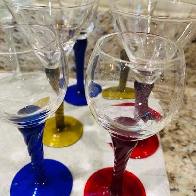 6 small Cordial Glasses with colored stems