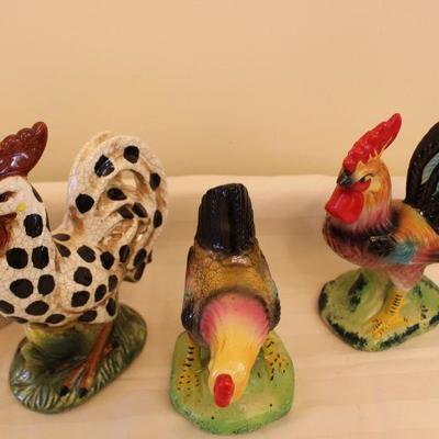 C-10 Lot Farmhouse Rooster and Chickens-2 Wood-2 Ceramics Japan-1 China Ceramics 
