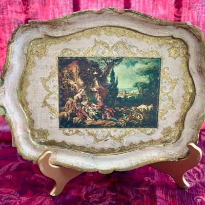 LOT 2  VINTAGE FLORENTINE GOLD GILT PAINTED TRAY MADE IN ITALY