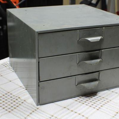 Lot 97: Vintage 3-Drawer Gray Metal File Organizer Cabinet full of assorted items