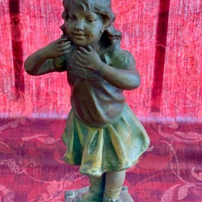 LOT 15  ANTIQUE FRENCH METAL STATUE LITTLE GIRL BLOWING KISSES PARIS FOUNDRY