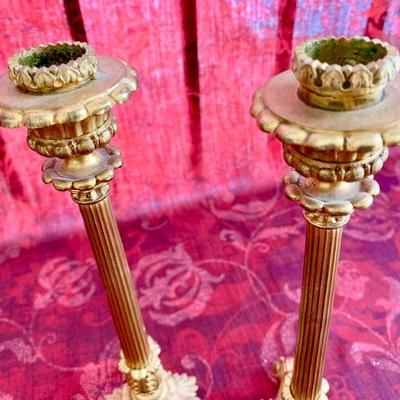 LOT 28  ANTIQUE PAIR OF PAW FOOT METAL CANDLE STICKS 