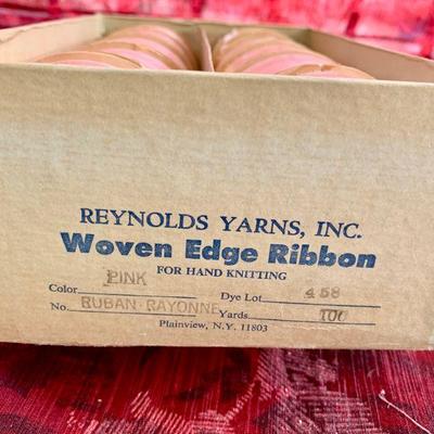 LOT 29  VINTAGE BOXED 10 ROLLS REYNOLDS WOVEN EDGE RAYON KNITTING or CROCHET RIBBON PALE PINK