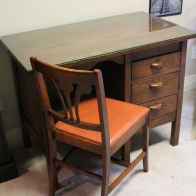 Lot 168: Vintage 3-Drawer Desk and Glass Top w/ Chair