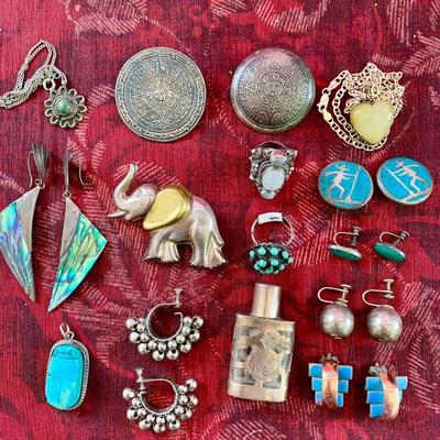 LOT 49  STERLING SILVER COPPER ETHNIC JEWELRY TURQUOISE STONES