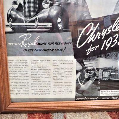 Vintage 1938 Chrysler Royal AD Imperial Car Wood Frame Magazine Advertising