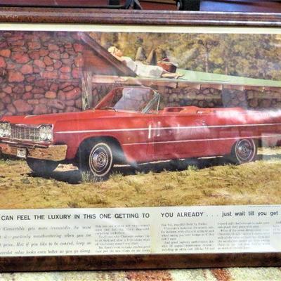 VINTAGE CHEVROLET IMPALA RED CONVERTIBLE Car AD Wood Framed