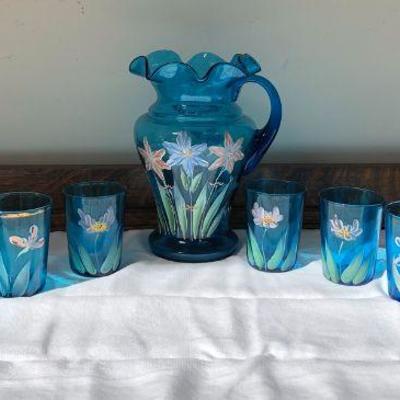 Antique Period Blown Glass Water Set w Raised Hand-Painted Florals