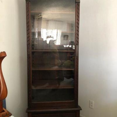 Eastlake Antique Wood China Curio Cabinet walnut or mahogany spoon carved glass door all one piece