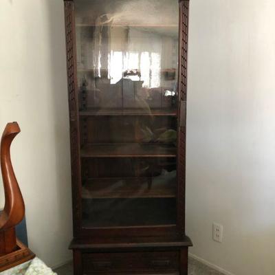 Eastlake Antique Wood China Curio Cabinet walnut or mahogany spoon carved glass door all one piece
