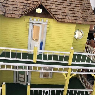 Wood Doll House, miniature 3 story home with porch and balcony, lighted