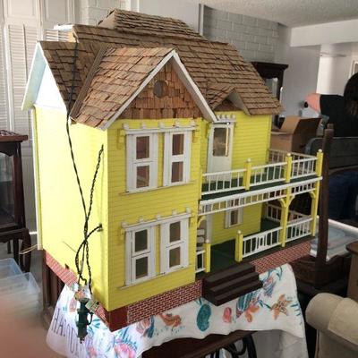 Wood Doll House, miniature 3 story home with porch and balcony, lighted