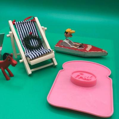 Mixed Lot of Knick Knack Collectibles - miniature beach chair, diner, man in boat, Pokie, toast maker