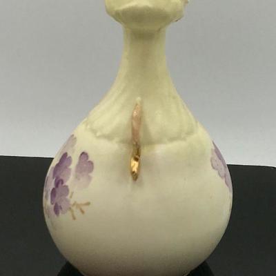Nippon Vase, 2 gold handles, swirl. top, formed mouth, hand-painted Violets, Porcelain Bud Vase