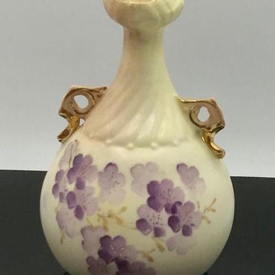 Nippon Vase, 2 gold handles, swirl. top, formed mouth, hand-painted Violets, Porcelain Bud Vase