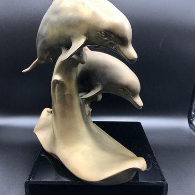 Brass Dolphin Statue sculpture, hollow, very heavy, pair of dolphins jumping in tandom