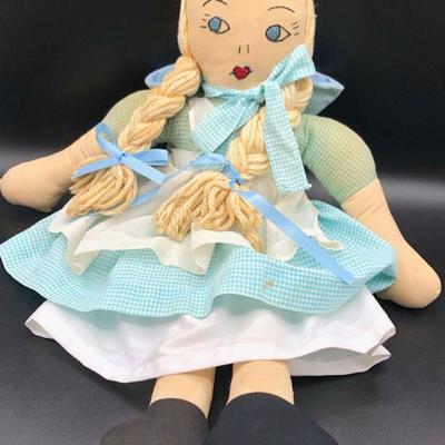 Vintage Soft Body Doll, Raggedy Anne type, hand-made with blue gingham dress, blonde hair, blue eyes