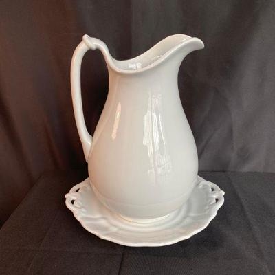 Large White Water Pitcher with Plate