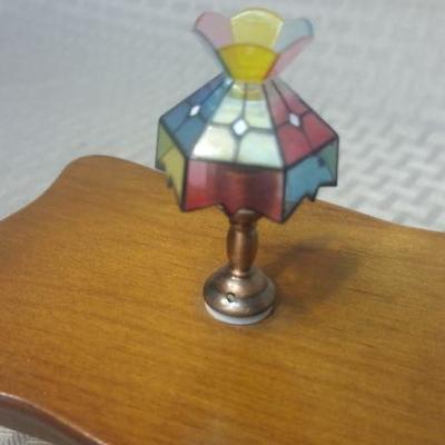 Miniature Wood Dollhouse Dining Table with Chairs Tiffany Lamp 
