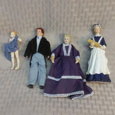 Four (4) Miniature Dollhouse family members Dolls Husband, Wife, Maid & Bathing Boy