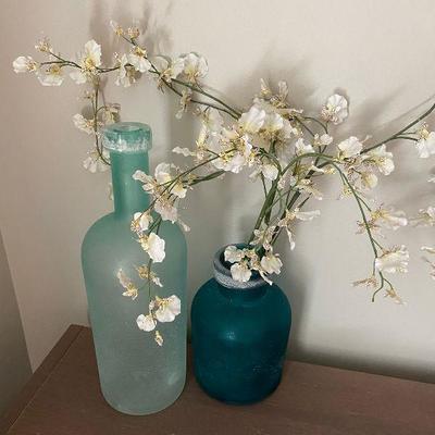 Vase(s) - blue colored, faux wht orchid, qty. 2