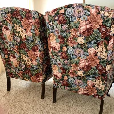 Pair of Matching Floral Tapestry High Back Arm Chairs - formal living room