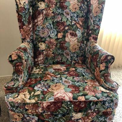 Pair of Matching Floral Tapestry High Back Arm Chairs - formal living room