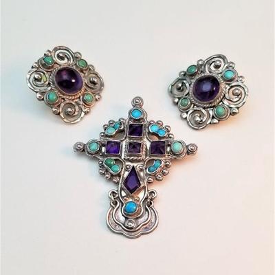 Lot #68  Sterling Silver Pendant/Brooch and Pierced Earrings set with Amethysts and Turquoise