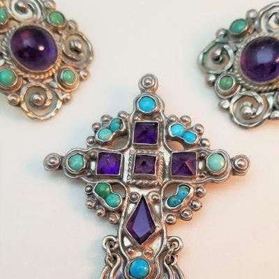 Lot #68  Sterling Silver Pendant/Brooch and Pierced Earrings set with Amethysts and Turquoise