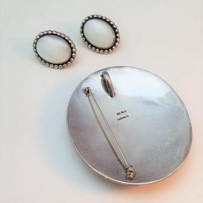 Lot #104  Sterling Silver and Mother of Pearl brooch/pendant with matching earrings