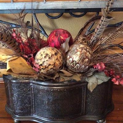 Black Resin Planter with balls and feather decor 