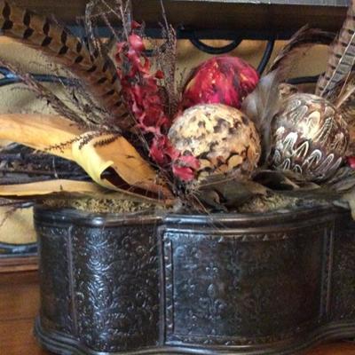 Black Resin Planter with balls and feather decor 