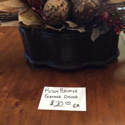 Black Resin Planter with balls and feather decor 
