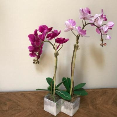 Artificial Double Orchids in Gray Planter