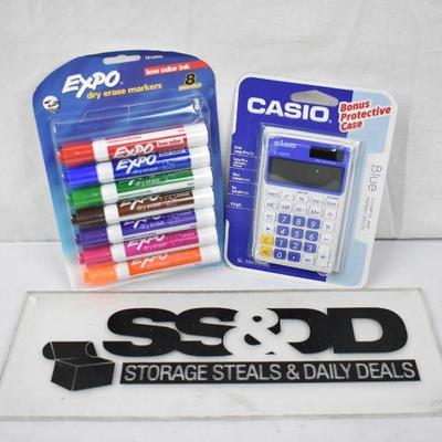 Dry Erase Markers (MISSING 1 MARKER) & Casio SL300VC-BE 8-Digit Calculator - New