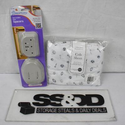 2 pc Baby: Cotton Jersey Knit Fitted Crib Sheet & Retractable Gate Spacers - New
