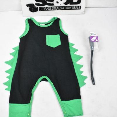 2 pc Baby: Dino Outfit Navy & Green. Baby Bottle & Nipple Brush - New