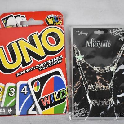 2 pc Kids: UNO Color & Number Matching Card Game & Little Mermaid Necklace - New