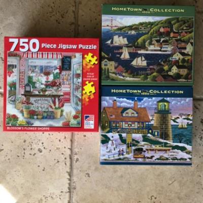 JIGSAW PUZZLE LOT - 2 Hometown 1000 pc puzzles & 1 Great American Puzzle Factory 750 pc