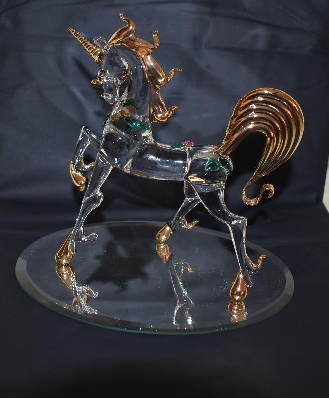 Lot 634, Hand Blown Glass 7" Unicorn Figure, Gold accents, pink flowers