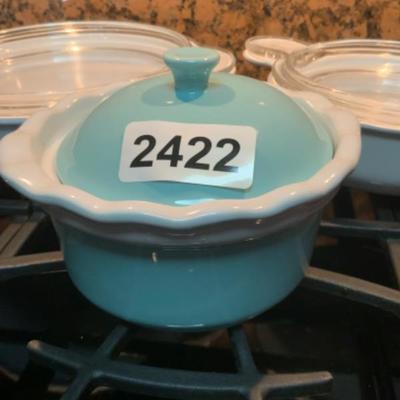 Corningware dishes (2) and small blue dish Lot 2422