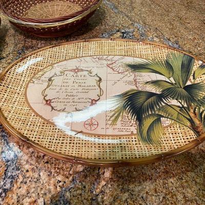 Palm Tree Design Serving Plates and Small Basket