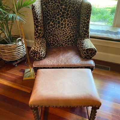Leopard and Leather Wing Chair and Ottoman