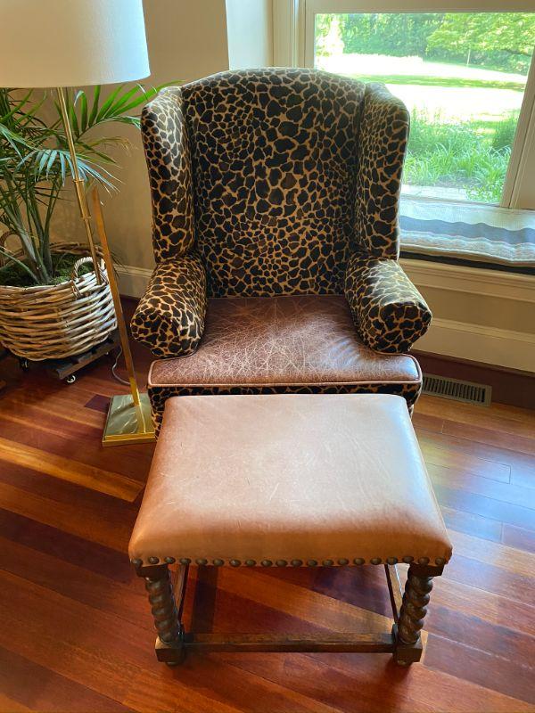 Leopard and Leather Wing Chair and Ottoman