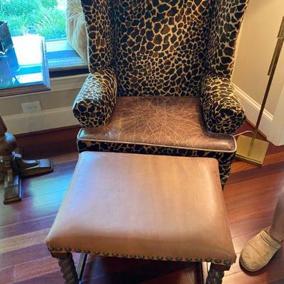 Second Leopard and Leather Chair and Ottoman