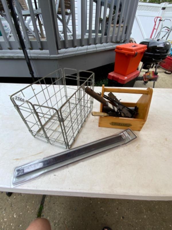 Assorted hooks, knives, wire basket and small wooden toolbox Lot 2769 ...