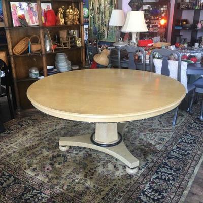 Vintage 5" Diameter solid wood pedestal table and ornate large wool rug, also take a look at the large shelving piece, an antique,...