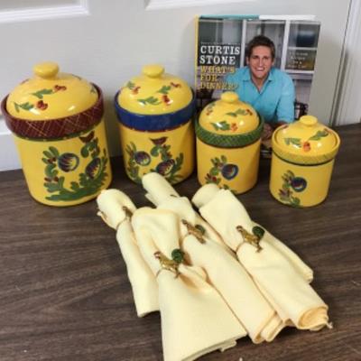 Kitchen Canisters, napkins and Rooster Rings Plus Curtis Stone Cookbook